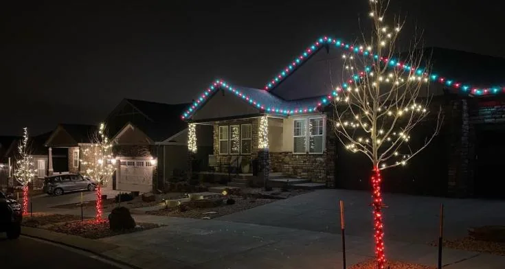 Blue and red roofline with illuminated trees