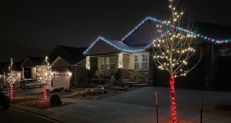 Blue and red roofline with illuminated trees